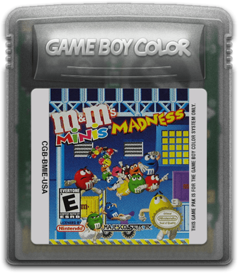 M&M Mini's Madness Game Boy Color GBC puzzle action video game featuring colorful M&M's characters fast-paced challenges maze-style gameplay collectible items obstacles entertaining levels and classic Game Boy Color GBC gaming collectible retro gaming appeal GBC Cartidge