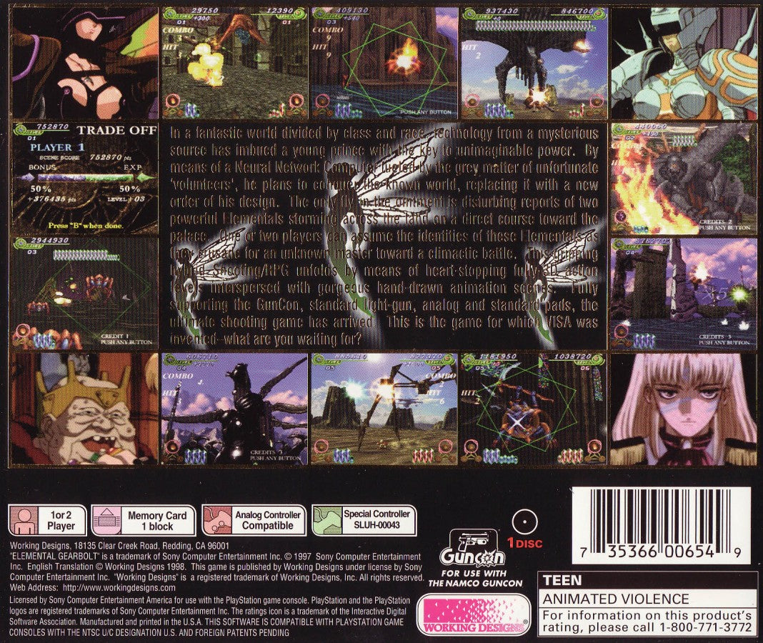 Elemental Gearbolt PS1 fantasy light gun shooter first person rail shooter Working Designs localization magic combat anime cutscenes GunCon compatible arcade style gameplay rare collectible retro gaming PlayStation software video game title back cover art