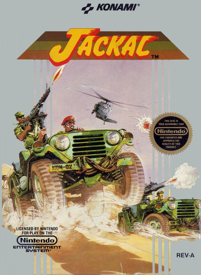 Jackal Nintendo Entertainment System NES video game featuring military action gameplay armed jeep combat enemy bases weapon upgrades explosive attacks challenging missions and classic 8 bit top down action retro video game collection collectible gaming appeal front cover art