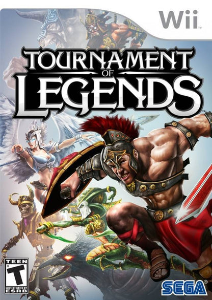 Tournament of Legends cover art for Nintendo Wii (Wii) featuring mythological 3D arena battles with motion‑controlled weapons, magical attacks, and legendary warriors.