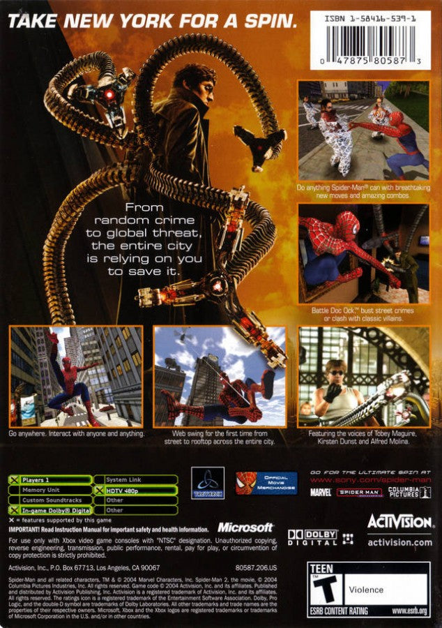 Spider-Man 2 back cover art for Xbox (XBOX) video game