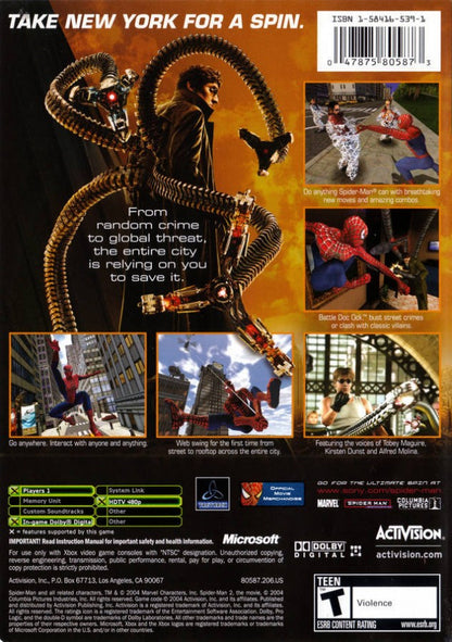 Spider-Man 2 back cover art for Xbox (XBOX) video game