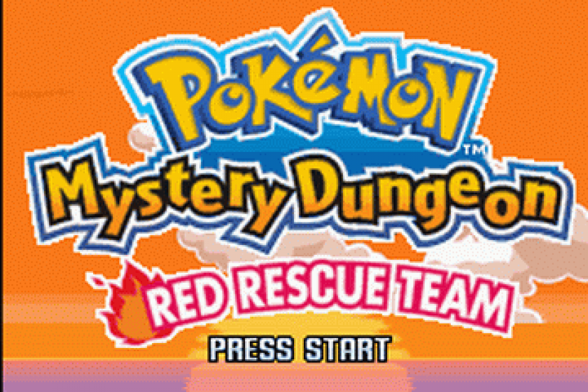 Pokemon Mystery Dungeon Red Rescue Team Game Boy Advance title screen for retro video game featuring dungeon crawling adventure gameplay, Pokémon rescue missions, turn based exploration, randomly generated dungeons, beloved Pokémon characters, and classic handheld RPG action on GBA