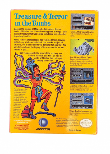 Tombs and Treasure Nintendo Entertainment System NES video game featuring adventure gameplay ancient tomb exploration puzzle solving treasure hunting Egyptian temples mysterious environments enemy encounters and classic 8 bit Nintendo action retro video game collection collectible gaming appeal back cover art