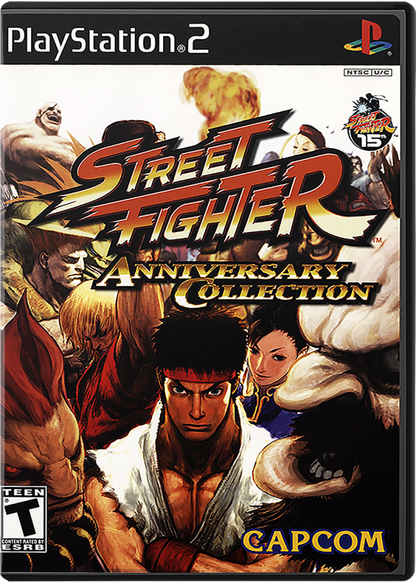 Street Fighter Anniversary Collection – PlayStation 2 (PS2) video game cover image, 2D and 3D fighting game compilation.