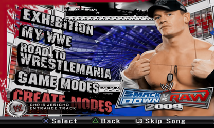WWE SmackDown vs. Raw 2009 – PlayStation 2 (PS2) video game main menu, pro wrestling.