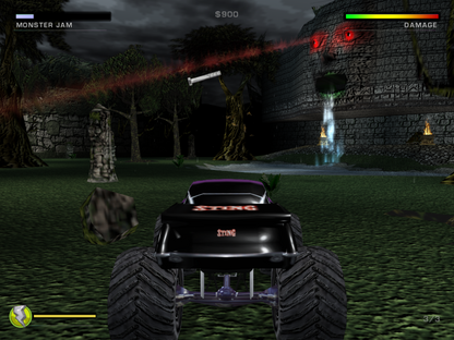 Monster Jam: Maximum Destruction gameplay for PlayStation 2 (PS2) featuring explosive monster truck battles with real licensed vehicles, destructible arenas, and chaotic arcade action.
