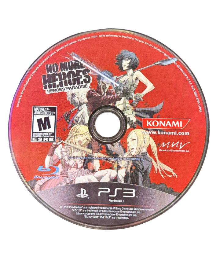 No More Heroes Heroes’ Paradise disc art for PlayStation 3 game featuring stylized hack-and-slash action and over-the-top combat gameplay 