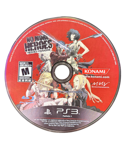 No More Heroes Heroes’ Paradise disc art for PlayStation 3 game featuring stylized hack-and-slash action and over-the-top combat gameplay 