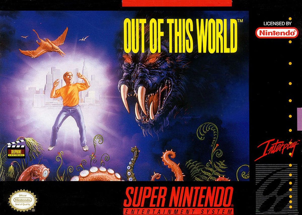 Out of This World Super Nintendo Entertainment System SNES video game featuring cinematic action adventure gameplay alien world exploration platforming challenges puzzle solving sci fi environments mysterious enemies and immersive storytelling classic 16 bit Nintendo gameplay retro video game collection collectible gaming appeal front cover art