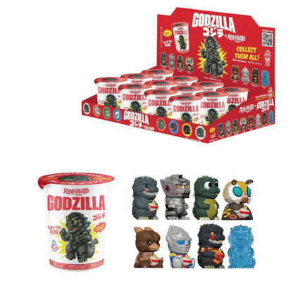 Godzilla Ramen Cup Figures Blind Box inspired design featuring collectible kaiju character mystery box aesthetic miniature monster figures themed around ramen cup scenes detailed display collectibles surprise assortment Japanese pop culture presentation assortment