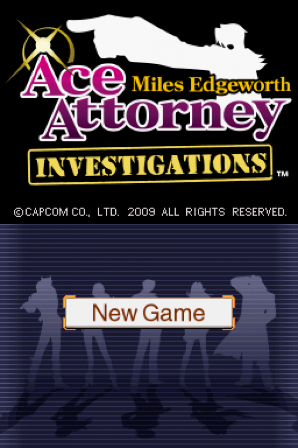 Ace Attorney Investigations: Miles Edgeworth start screen for Nintendo DS (DS) detective visual novel adventure video game