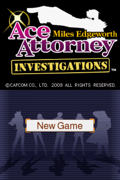 Ace Attorney Investigations: Miles Edgeworth start screen for Nintendo DS (DS) detective visual novel adventure video game