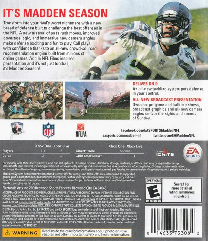 Madden NFL 15 – Xbox One: Experience authentic NFL gameplay with improved defense, realistic graphics, and enhanced game-day presentation back cover