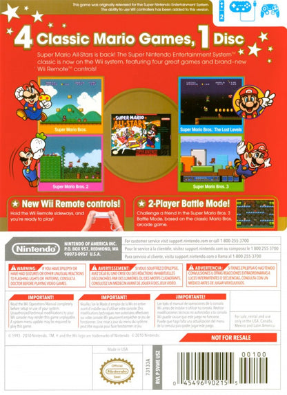 Super Mario All-Stars Wii 25th Anniversary Limited Edition platform collection featuring enhanced 16-bit versions of Super Mario Bros., Super Mario Bros.: The Lost Levels, Super Mario Bros. 2, and Super Mario Bros. 3 — includes collectible packaging and a commemorative history booklet and soundtrack CD for the Nintendo Wii. back cover