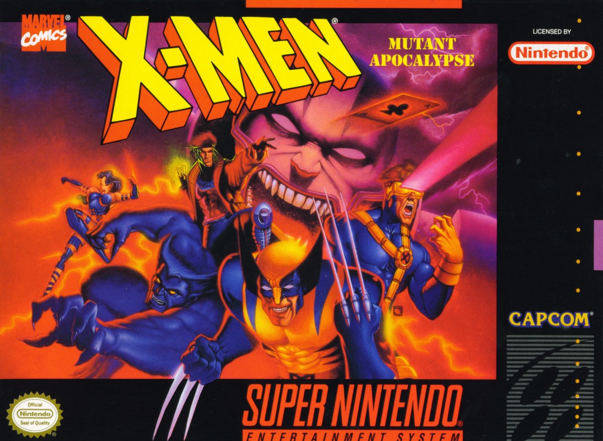 X-Men Mutant Apocalypse for Super Nintendo action platformer featuring Wolverine Cyclops Gambit Psylocke and Beast battling Apocalypse with comic inspired combat and side scrolling gameplay cover art