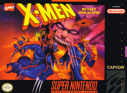 X-Men Mutant Apocalypse for Super Nintendo action platformer featuring Wolverine Cyclops Gambit Psylocke and Beast battling Apocalypse with comic inspired combat and side scrolling gameplay cover art