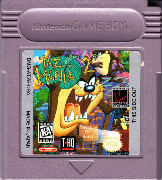 Taz Mania 2 for Game Boy, cartridge for a side-scrolling platformer video game with cartoon-style gameplay, obstacle challenges, character-based levels, and arcade action