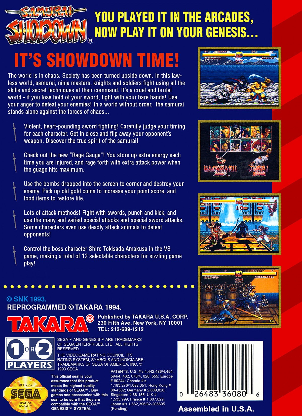 Samurai Shodown Sega Genesis GEN video game featuring 2D fighting gameplay samurai warriors weapon based combat special attacks character battles Japanese themed environments arcade style action competitive matches and classic 16 bit Sega gameplay retro video game collection collectible gaming appeal back cover art