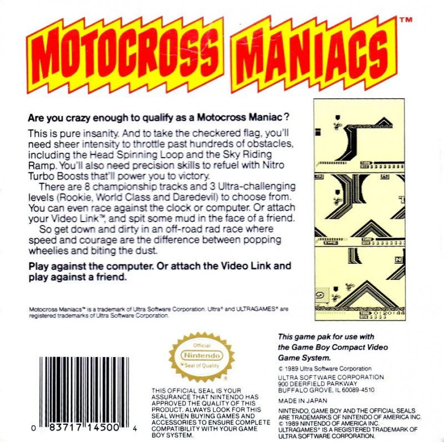 Motocross Maniacs back cover art for Game Boy (GB) video game