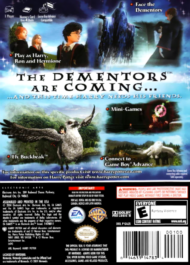 Harry Potter and the Prisoner of Azkaban back of box for GameCube (GC) action-adventure fantasy video game