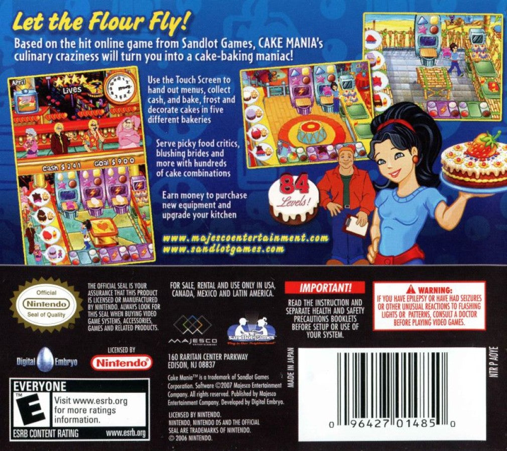 Cake Mania Nintendo DS DS video game featuring bakery time management simulation gameplay cake baking dessert decorating customer service order fulfillment frosting pastries ingredient preparation kitchen upgrades fast paced baking challenges business management colorful bakery environments touchscreen controls and classic Nintendo DS handheld casual gaming retro video game collection collectible gaming appeal back cover art
