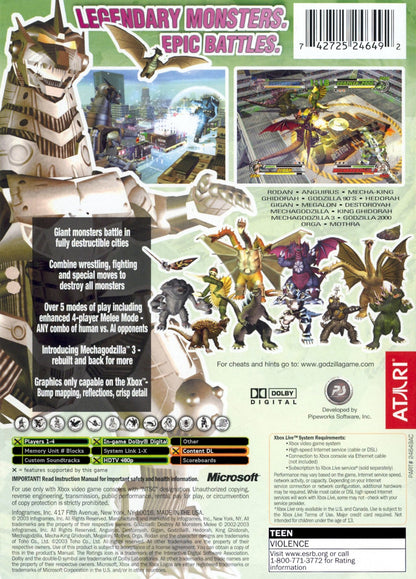 Godzilla Destroy All Monsters Melee game featuring arena fighting gameplay with giant kaiju battles destructible cities and multiplayer combat as iconic Godzilla monsters clash in arcade style action back cover