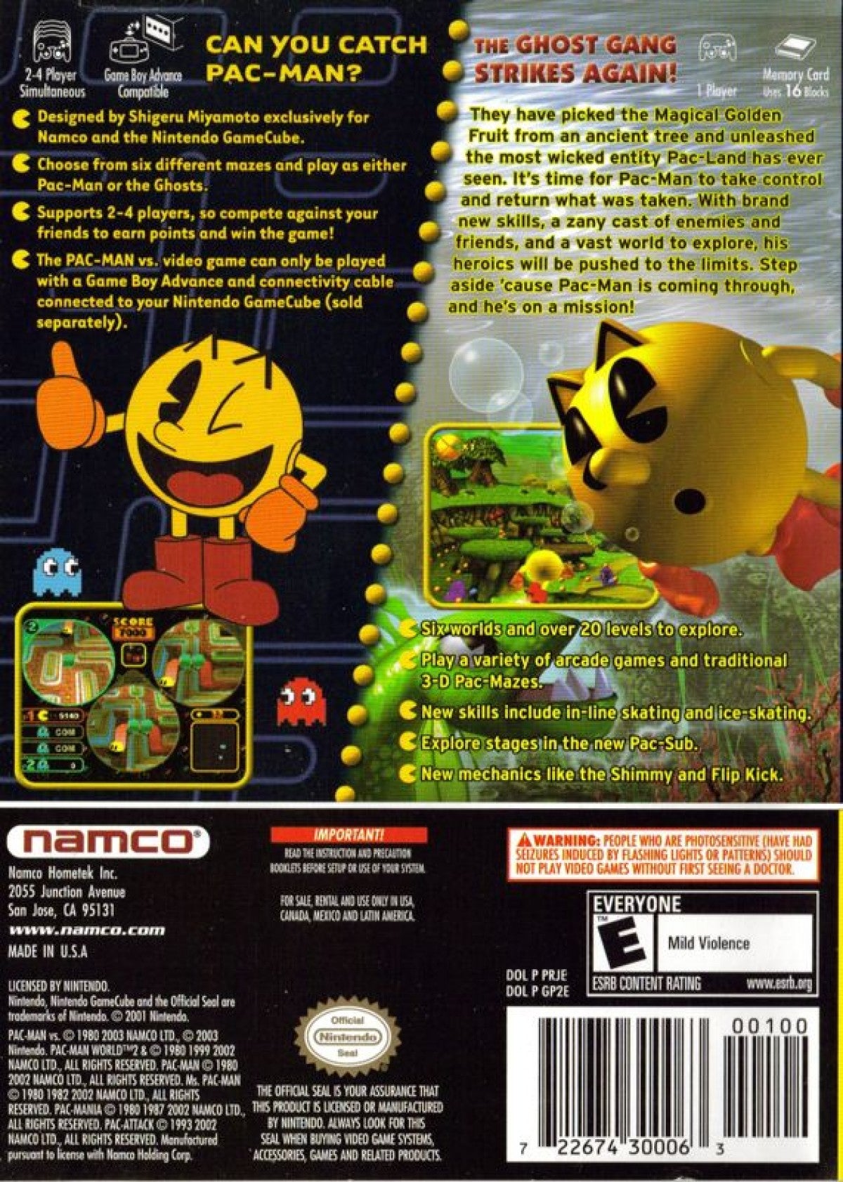 Pac-Man vs. / Pac-Man World 2 Player's Choice GameCube game featuring classic maze action and 3D platforming adventure on Nintendo GameCube back cover
