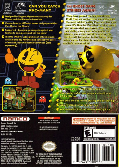 Pac-Man vs. / Pac-Man World 2 Player's Choice GameCube game featuring classic maze action and 3D platforming adventure on Nintendo GameCube back cover