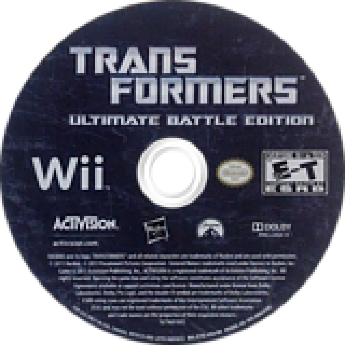 Transformers: The Game disc art for Nintendo Wii (Wii) featuring battles with Autobots and Decepticons in film‑based missions