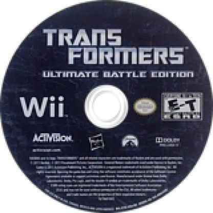 Transformers: The Game disc art for Nintendo Wii (Wii) featuring battles with Autobots and Decepticons in film‑based missions
