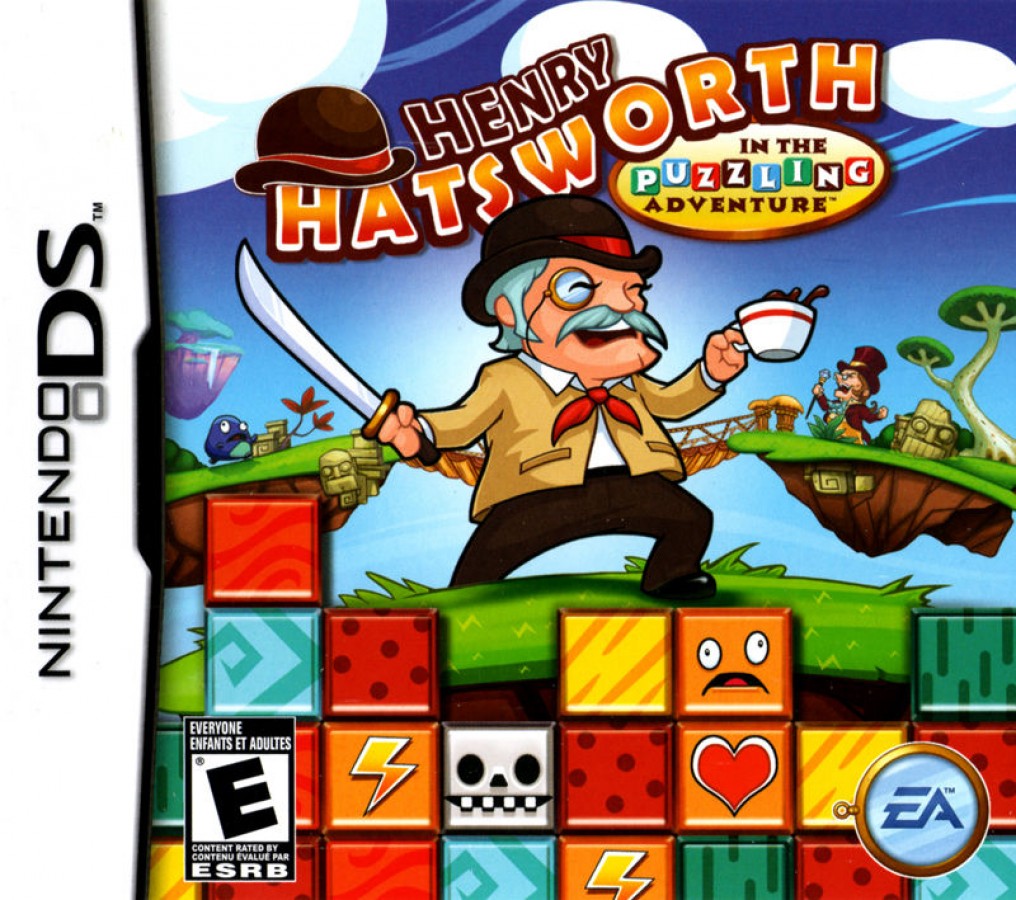 Henry Hatsworth in the Puzzling Adventure Nintendo DS DS for action puzzle platforming video game fans featuring dual screen gameplay colorful platforming levels match three puzzle mechanics enemy battles power ups challenging stages unique cartoon characters and creative Nintendo DS gameplay collectible gaming appeal front cover art