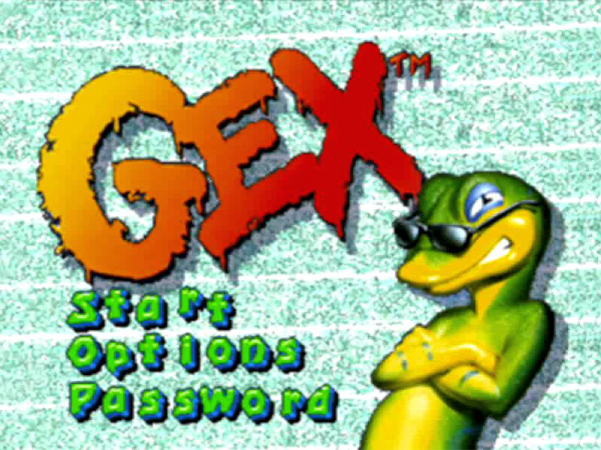 Gex [Long Box] for PlayStation 1 (PS1) at Gamers INC, featuring Crystal Dynamics' iconic 2D platformer in its rare, collectible early-release "Long Box" packaging; enter the Media Dimension as the wisecracking, TV-obsessed gecko Gex to defeat the evil Rez across parody-filled worlds inspired by classic cinema and television, utilizing tail-whips, wall-crawling abilities, and the unmistakable voice of Dana Gould in this definitive 32-bit mascot debut main menu title sreen