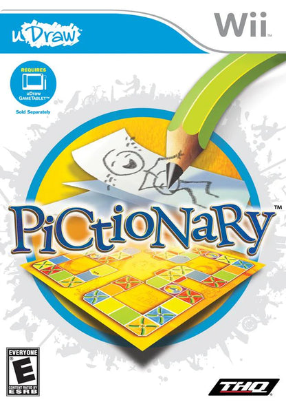 uDraw w/Pictionary cover art for Nintendo Wii (Wii) featuring party drawing challenges with the uDraw GameTablet, guessing words and creating quick sketches.