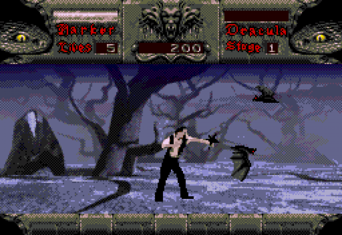 Bram Stokers Dracula Sega CD action platformer movie tie in based on film gothic horror vampire combat side scrolling gameplay castle exploration enemies boss battles cinematic FMV cutscenes retro gaming Sega CD software video game title gameplay
