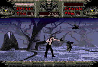 Bram Stokers Dracula Sega CD action platformer movie tie in based on film gothic horror vampire combat side scrolling gameplay castle exploration enemies boss battles cinematic FMV cutscenes retro gaming Sega CD software video game title gameplay