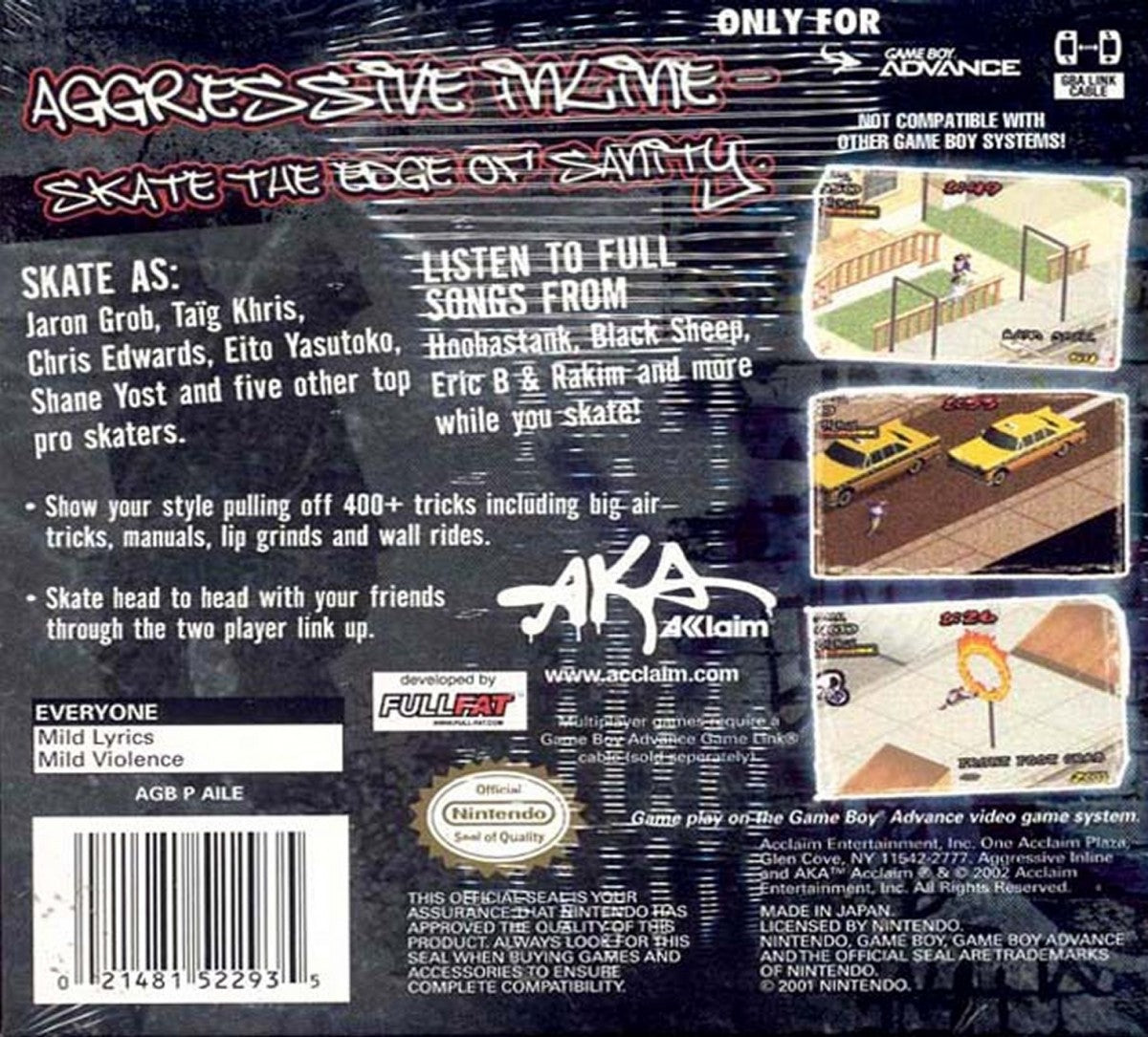 Aggressive Inline for Game Boy Advance (GBA) back of case for a retro video game featuring inline skating gameplay, trick-based challenges, extreme sports action, competitive races, and arcade-style stunt mechanics