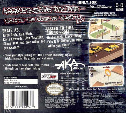Aggressive Inline for Game Boy Advance (GBA) back of case for a retro video game featuring inline skating gameplay, trick-based challenges, extreme sports action, competitive races, and arcade-style stunt mechanics