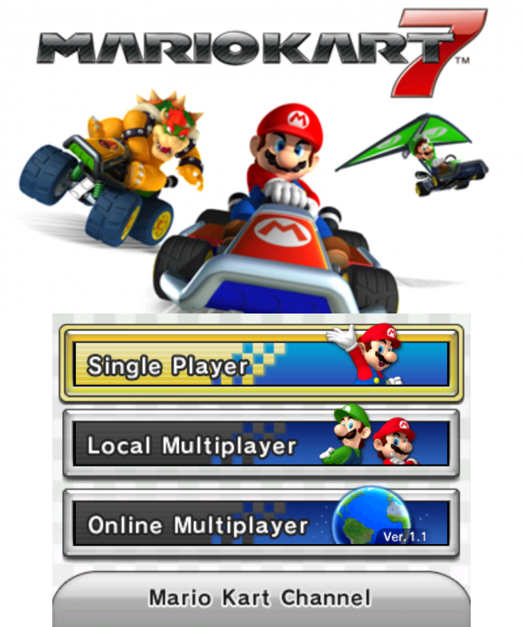 Mario Kart 7 start screen for Nintendo 3DS (3DS) racing video game