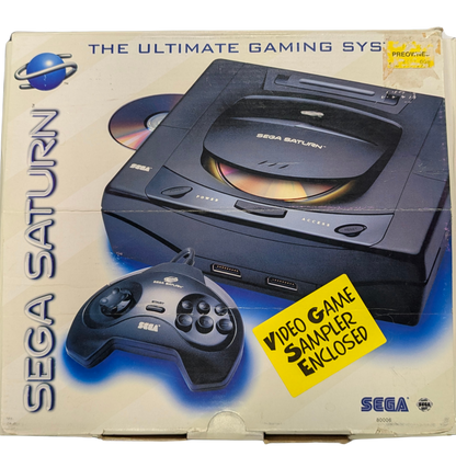 Sega Saturn Console (SS) [CIB] in good condition featuring Sega’s 32 bit CD based system known for excellent 2D arcade ports and a strong library of fighters shooters and RPGs; includes the original box and contents with the console showing overall good cosmetic condition front of real box