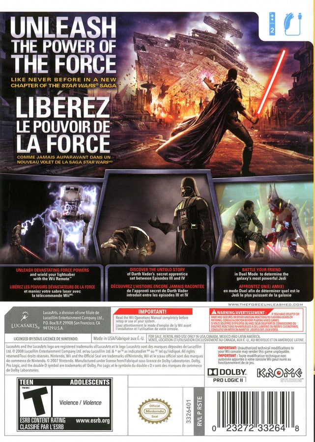 Star Wars: The Force Unleashed back cover art for Nintendo Wii (Wii) video 