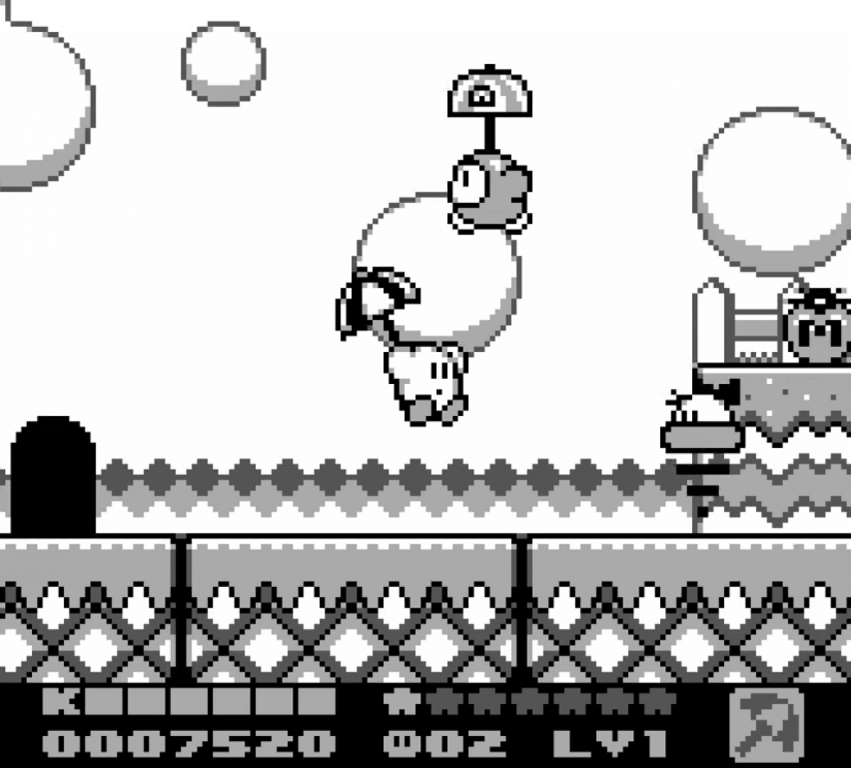 Kirby's Dream Land 2 [CIB] for Game Boy (GB) featuring a charming side scrolling platform adventure where Kirby teams up with animal friends to gain new abilities; explore colorful stages defeat King Dedede and save Dream Land in this complete in box handheld classic gameplay screenshot