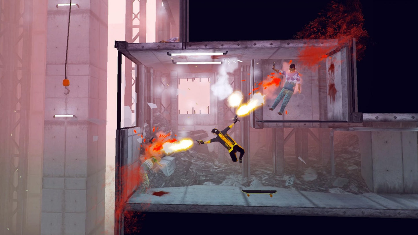 My Friend Pedro Nintendo Switch inspired design featuring stylish action shooter aesthetic acrobatic gunplay slow motion combat outrageous stunt moves surreal storytelling fast paced firefights cinematic side scrolling gameplay presentation gameplay