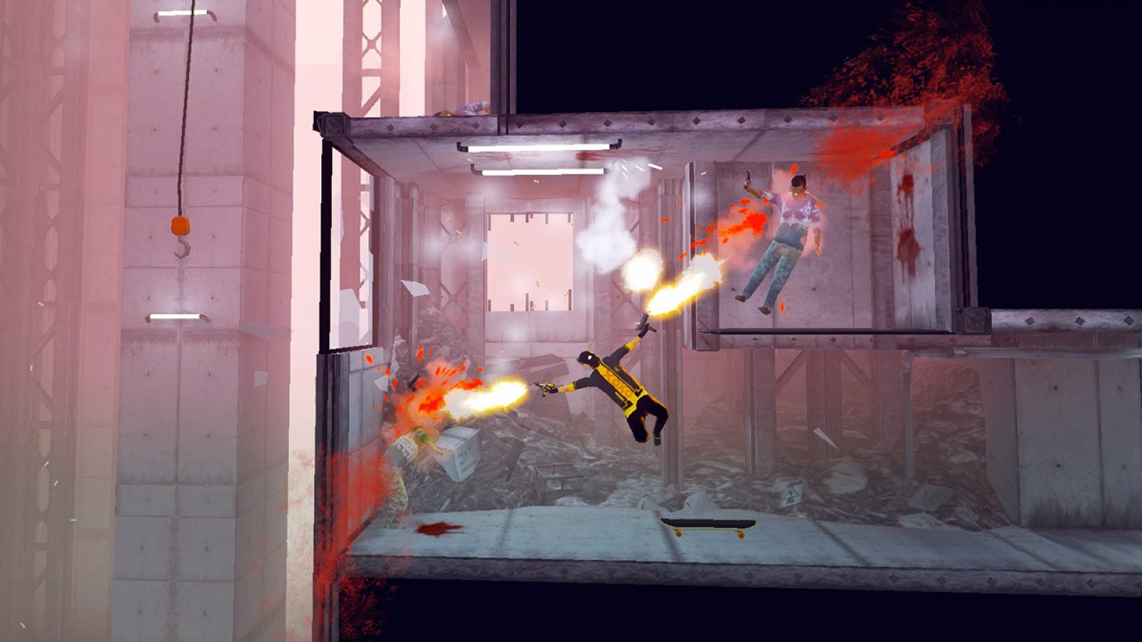 My Friend Pedro Nintendo Switch inspired design featuring stylish action shooter aesthetic acrobatic gunplay slow motion combat outrageous stunt moves surreal storytelling fast paced firefights cinematic side scrolling gameplay presentation gameplay