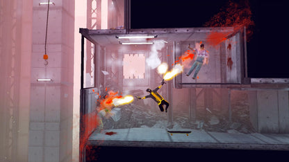 My Friend Pedro Nintendo Switch inspired design featuring stylish action shooter aesthetic acrobatic gunplay slow motion combat outrageous stunt moves surreal storytelling fast paced firefights cinematic side scrolling gameplay presentation gameplay