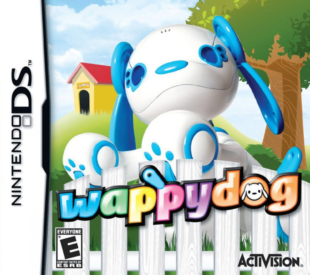 Wappy Dog for Nintendo DS, cover image for a pet simulation video game with interactive dog toy connectivity, mini-games, voice commands, and family-friendly gameplay