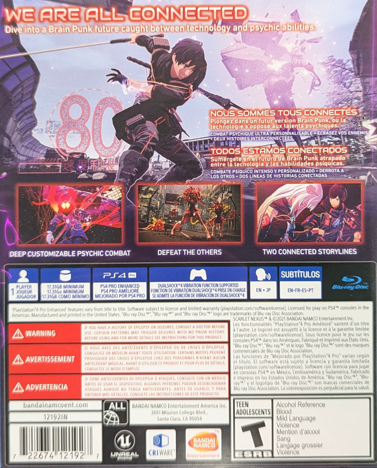 Scarlet Nexus for PlayStation 4 (PS4) at Gamers INC, featuring a futuristic action RPG with fast-paced psychokinetic combat, stylish anime-inspired visuals, and a dual-protagonist story where you unravel the mystery of the Other threat in the world of New Himuka back cover