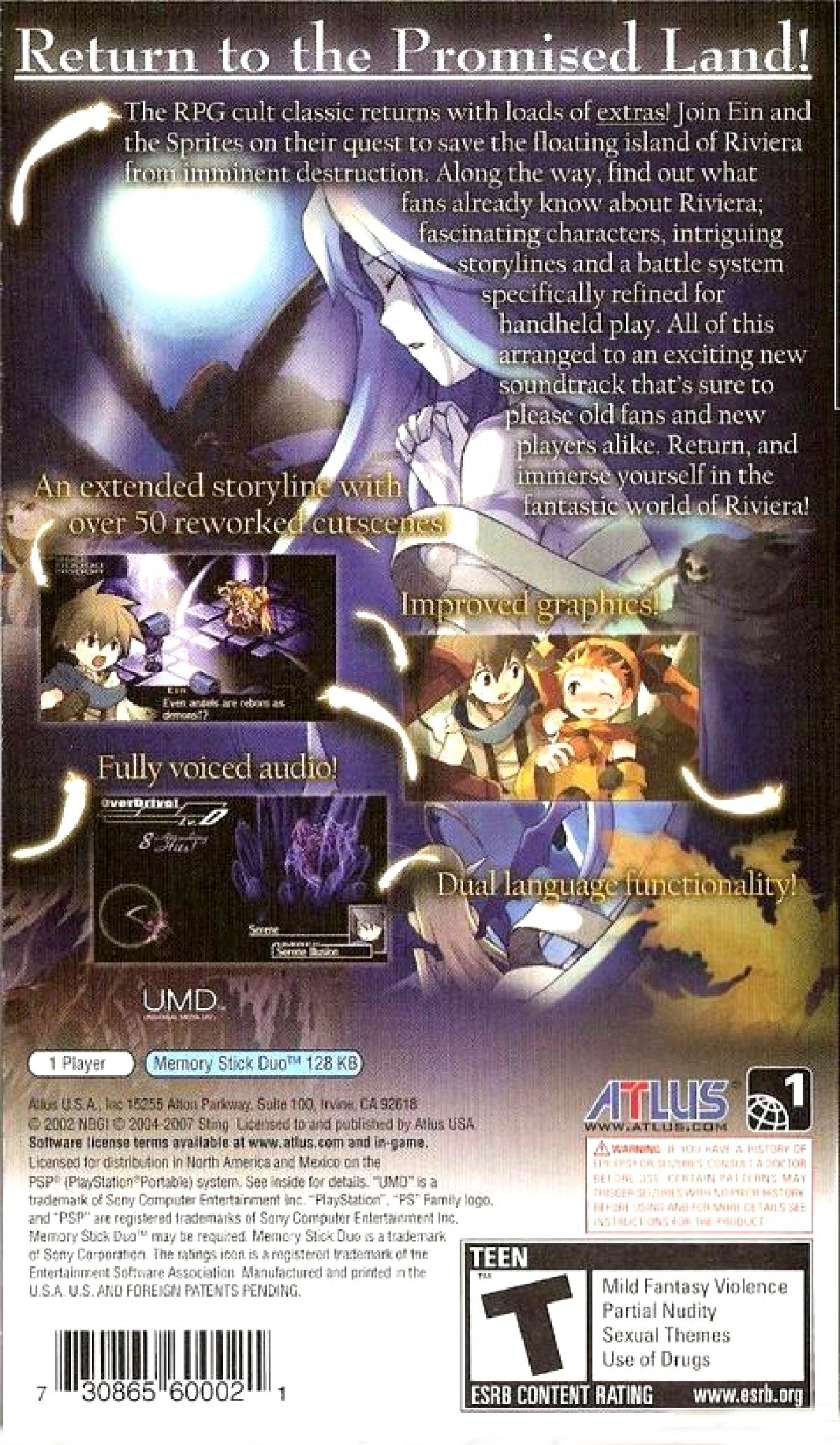 Riviera The Promised Land PlayStation Portable PSP inspired design featuring fantasy role playing adventure aesthetic richly illustrated character artwork turn based strategic gameplay branching narrative choices magical world exploration and classic JRPG storytelling presentation back cover