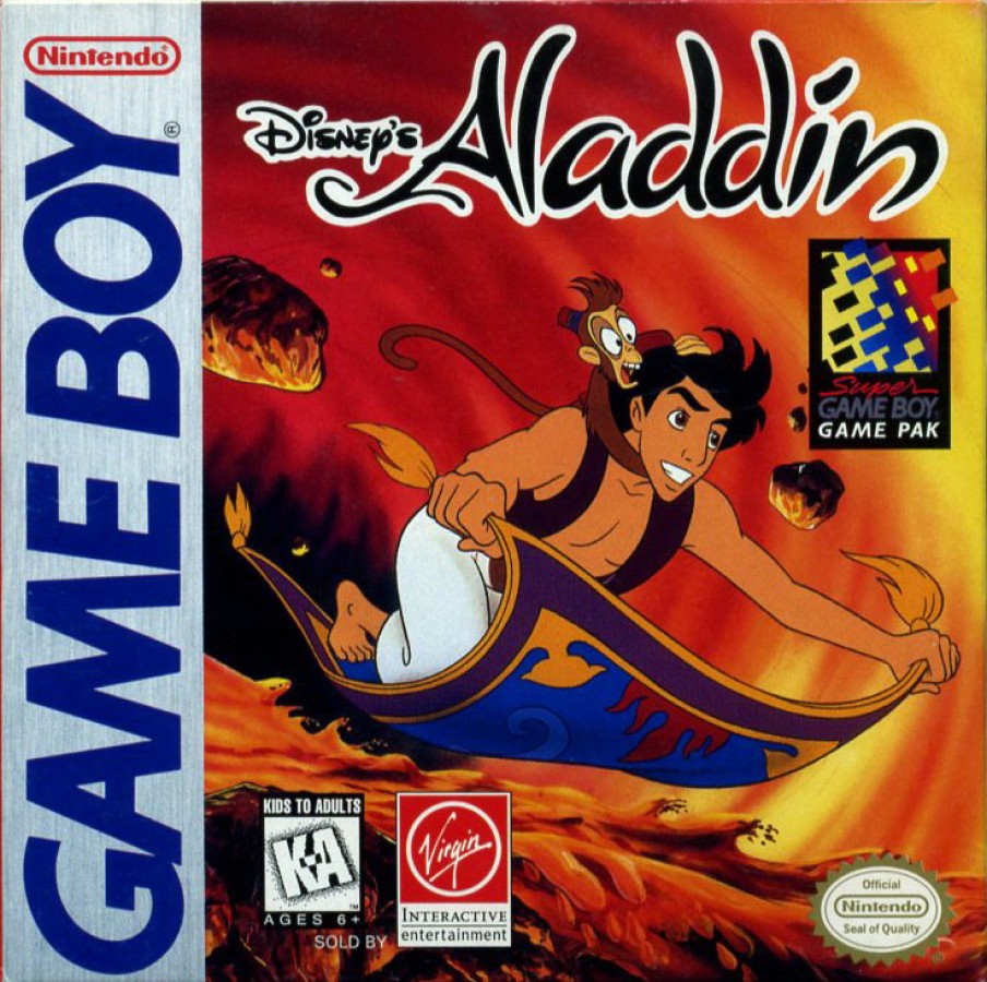 Disney's Aladdin Nintendo Game Boy GB for retro video game enthusiasts featuring side scrolling action platforming gameplay Disney inspired adventure Agrabah themed levels enemy encounters classic handheld gaming movie inspired action and collectible gaming appeal cover art