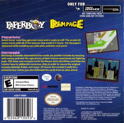 Paperboy & Rampage Nintendo Game Boy Advance GBA for arcade action retro video game fans featuring newspaper delivery city streets monster destruction classic arcade gameplay fast paced challenges iconic retro action classic handheld gaming collectible gaming appeal back of case